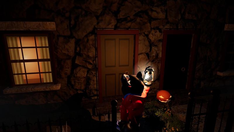 Knocking on a cottage door by lantern light, a carved pumpkin on the step