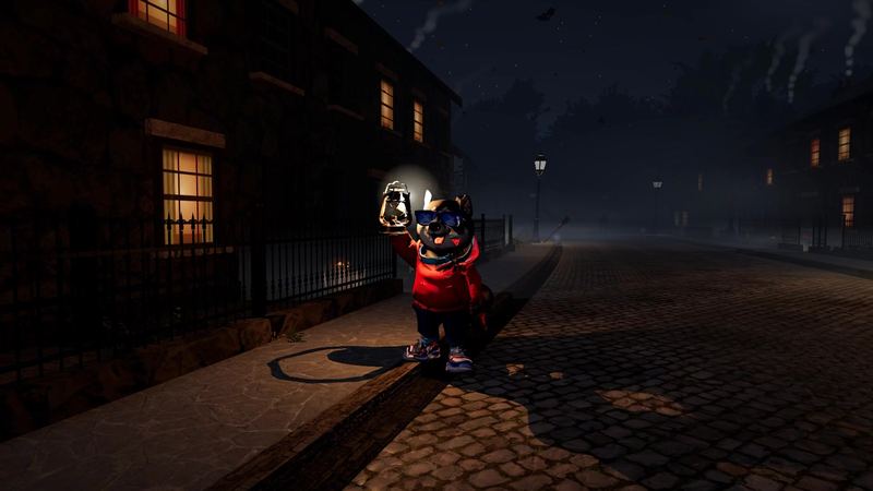 A husky with a lantern on a cobbled village street at night